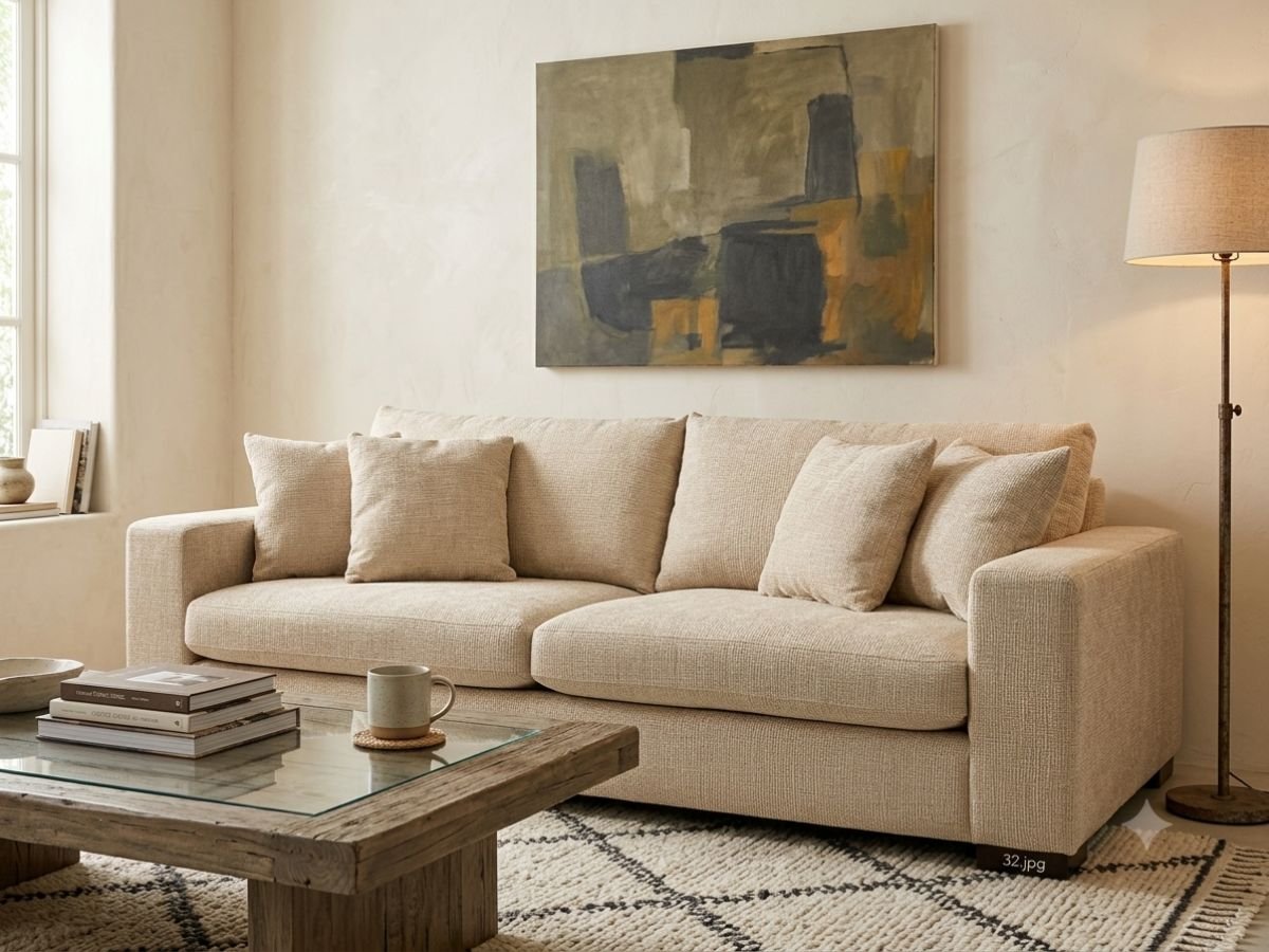3 Seater Earth Classic Fabric Linen Beige Cover Enlay Earth Classic 3 Seater Fabric Straight Armrest Sofa - Image 1