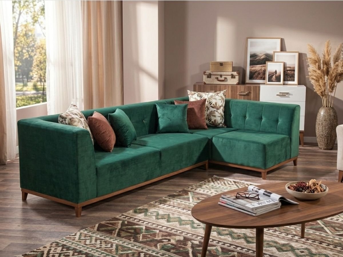 3+1 Seater Venus Vertical Line L-Shape Emerald Cover Enlay Venus Vertical Channel L Shape Curved Armrest Sofa - Image 1
