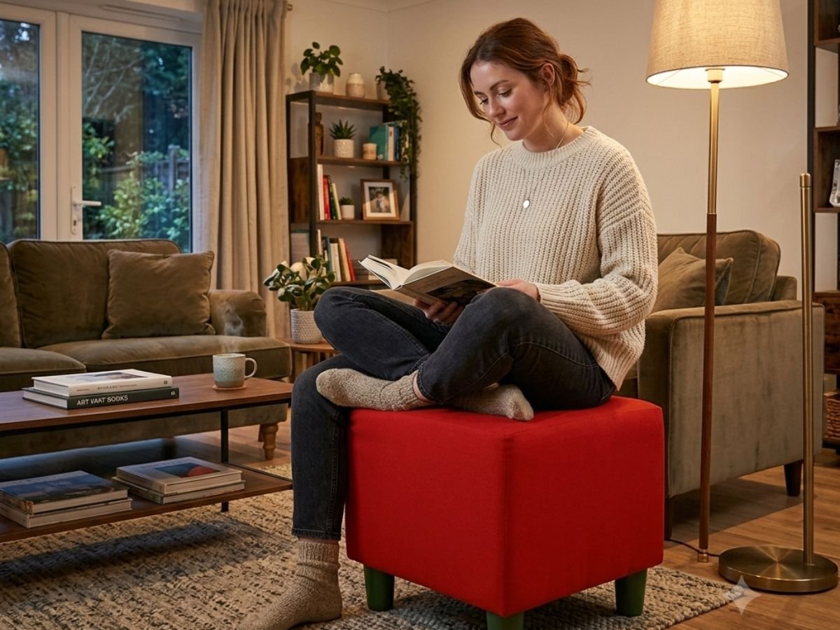 Earth Classic Square Velvet Red Cover Enlay Sqare Plain Pouffe - Image 1